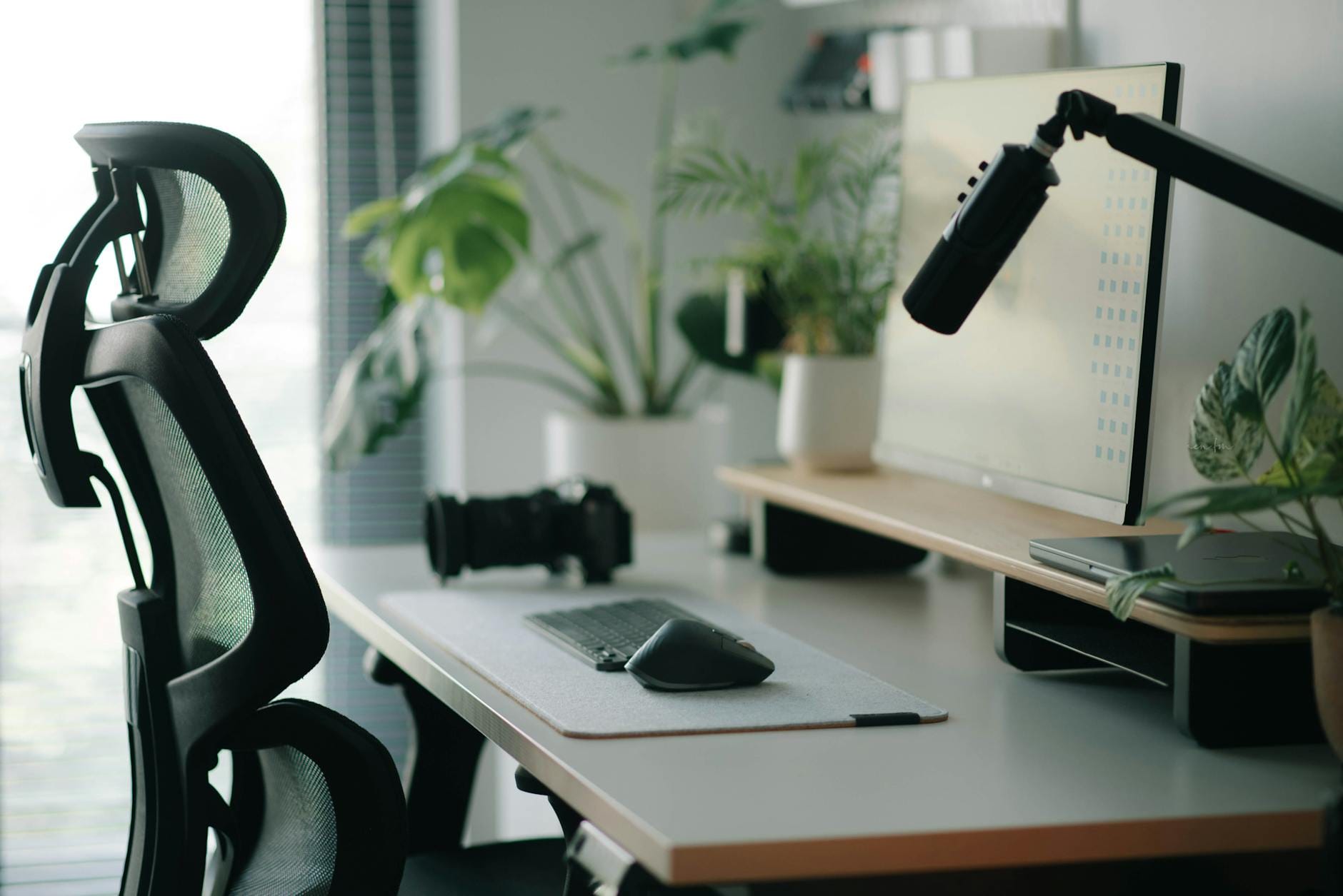 Ergonomiczne domowe biuro z fotelem przy komputerze i roślinami